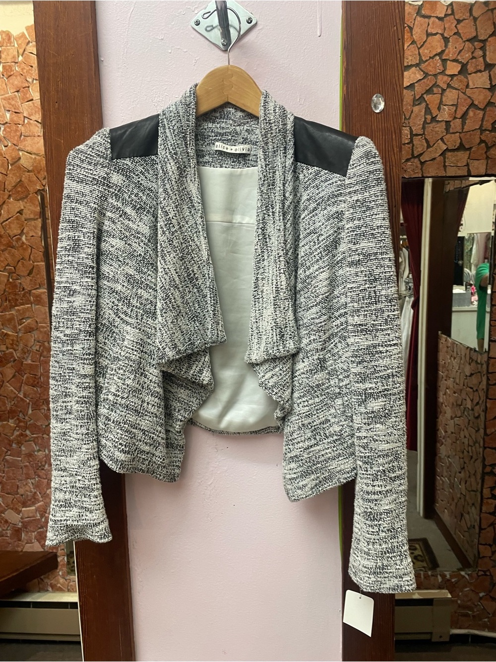 Alice + Olivia Black and White Tweed Open-Front Draped Jacket
